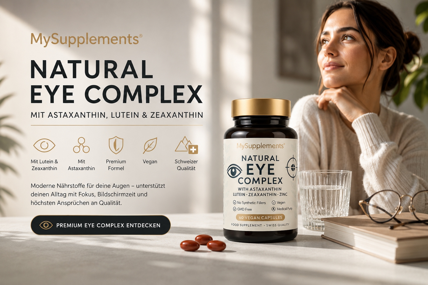 Vitamine für Augen und Sehkraft mit Lutein, Zeaxanthin und Astaxanthin – MySupplements Premium Eye Complex Schweiz